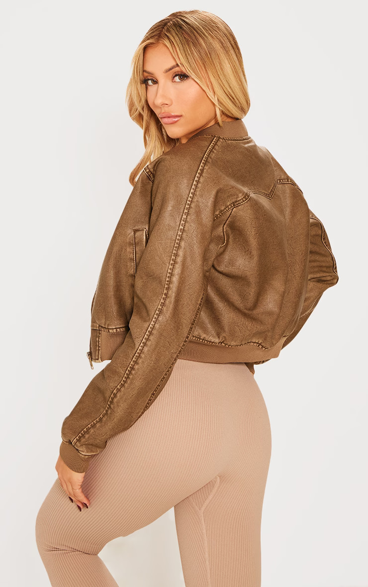 Brown Seam Detail Distressed Pu Bomber | PrettyLittleThing US