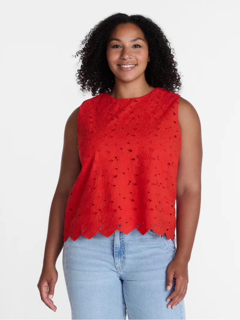 Time and Tru Women\u2019s and Women\u2019s Plus Eyelet Embroidered Top, Sizes XS-4X | Walmart (US)