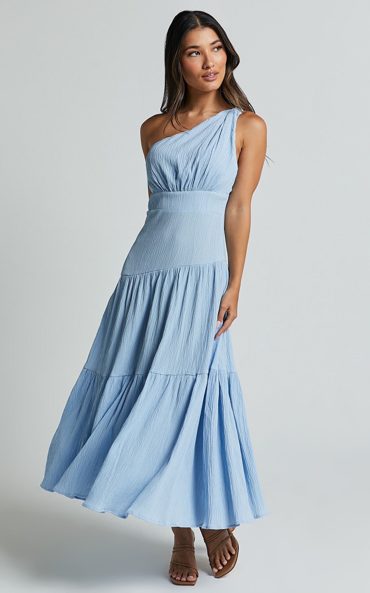 Celestia Midi Dress - Tiered One Shoulder Dress in Soft Blue | Showpo (US, UK & Europe)