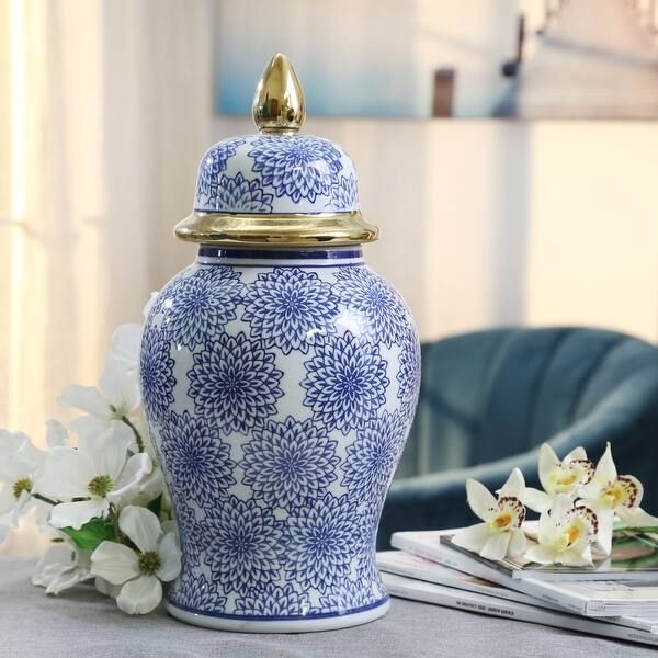 Sagebrook Home Vc10467-03 14.5" Temple Jar W/Dalhia Flower,Blue & White Ceramic, 7.5 X 7.5 X 14.5... | Bed Bath & Beyond