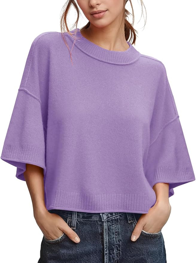 ZDC Women's Oversized Sweaters Summer 3/4 Sleeve Casual Cropped Tops Lightweight Loose Fit Knit P... | Amazon (US)