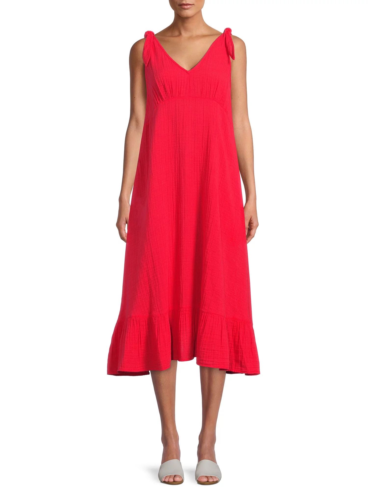 Time and Tru Women's Double Cloth Tie Shoulder Dress | Walmart (US)