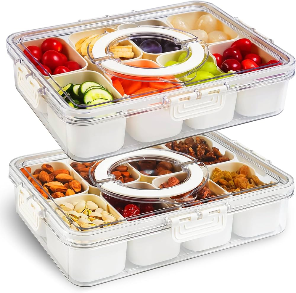 𝟮 𝗣𝗮𝗰𝗸 Divided Serving Tray with Lid and Handle, 8 Compartments Portable Snackle B... | Amazon (US)