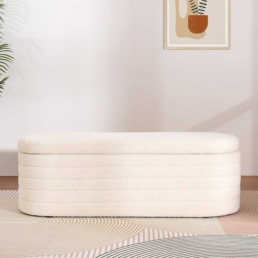 Teddy Storage Ottoman Bench Modern Upholstered Storage Bench Sherpa Window Entryway Bench Oval White Ottoman with Storage for Living Room Bedroom Bench End of Bed | Amazon (US)