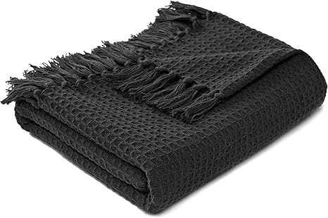 MOTINI Decorative Throw Blanket Dark Gray Cotton Waffle Throw with Tassel Cozy Elegant Knit Fring... | Amazon (US)
