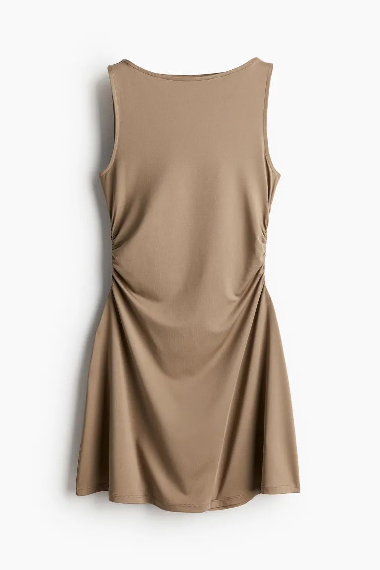 Gathered dress with flared skirt - Greige - Ladies | H&M GB | H&M (UK, MY, IN, SG, PH, TW, HK)