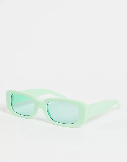 Bershka rectangular sunglasses with blue lens in green | ASOS (Global)