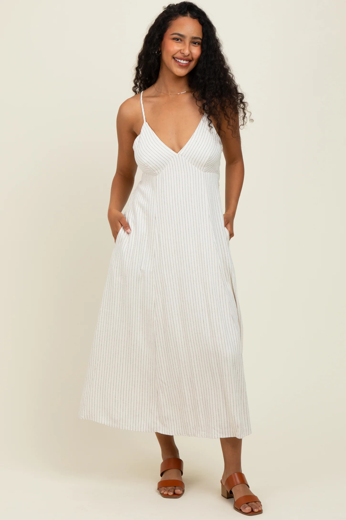 Ivory/Black Linen Striped Midi Dress | PinkBlush Maternity