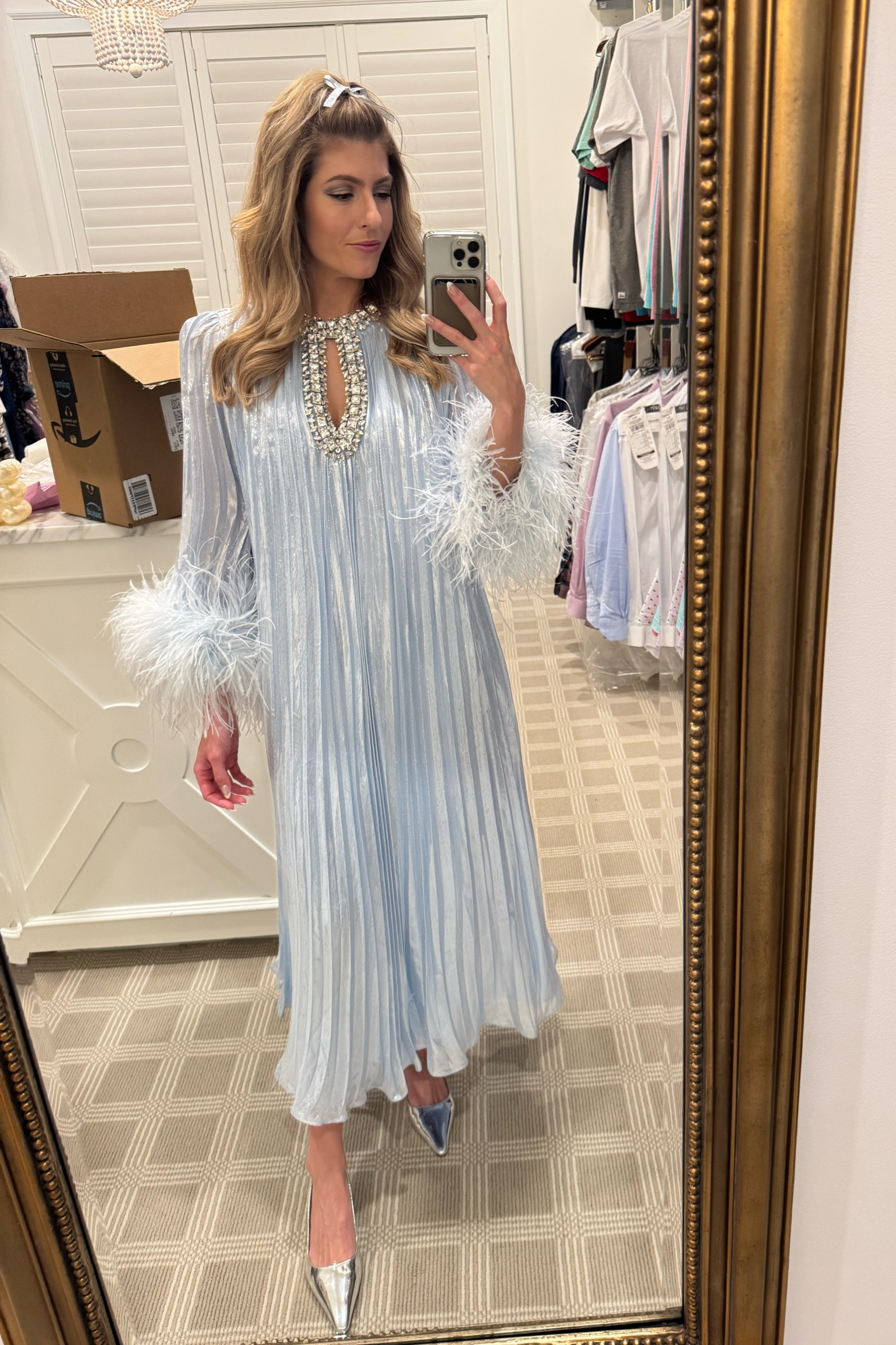 What I wore to a Palm Royale themed holiday party 💙 1960s Palm Beach Holiday, Maxine Dellacorte, holiday dress, New Year’s Eve dress, dress with feathers, caftan

#LTKParties #LTKStyleTip #LTKHoliday