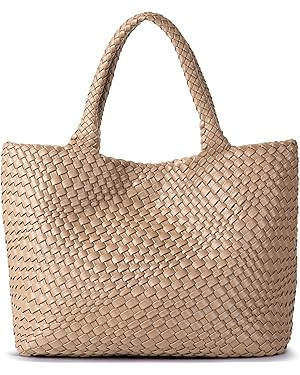 Woven Shoulder Bag for Women, Fashion Top Handle Soft Vegan Leather Shopper | Amazon (US)