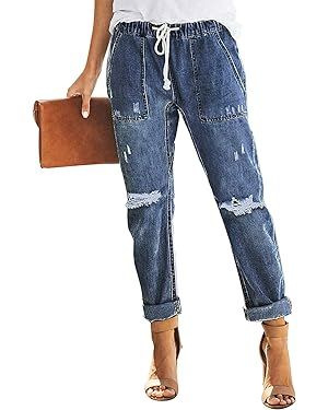 Dokotoo Women's Patchwork Destroyed Raw Hem Jeans Ripped Hole Boyfriend Denim Pants | Amazon (US)