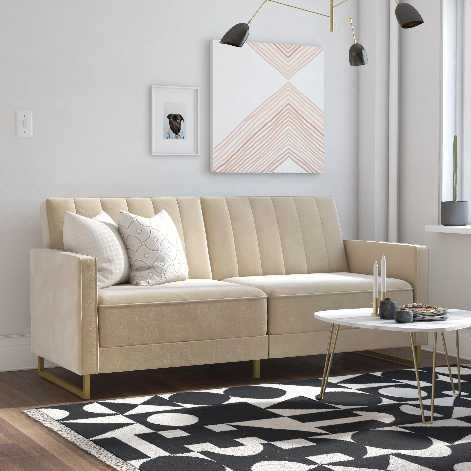 Novogratz Skylar Coil Futon, Modern Sofa Bed and Couch, Ivory Velvet | Walmart (US)