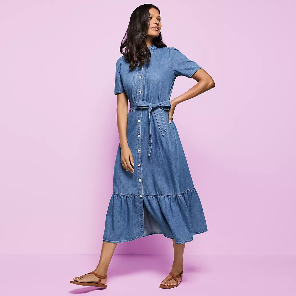 Women's Light Weight Denim Tiered Midi Dress | Lands' End (US)