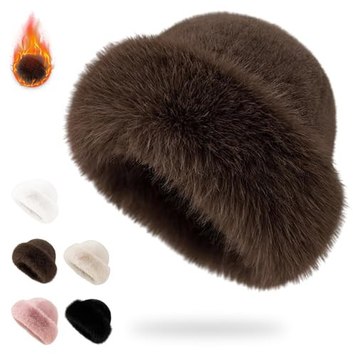 hoehew Faux Fur Bucket Hats for Women, Warm Plush Fuzzy Fluffy Hat Fisherman Bucket Russian Hat for Winter (US, Alpha, One Size, Coffee) | Amazon (US)