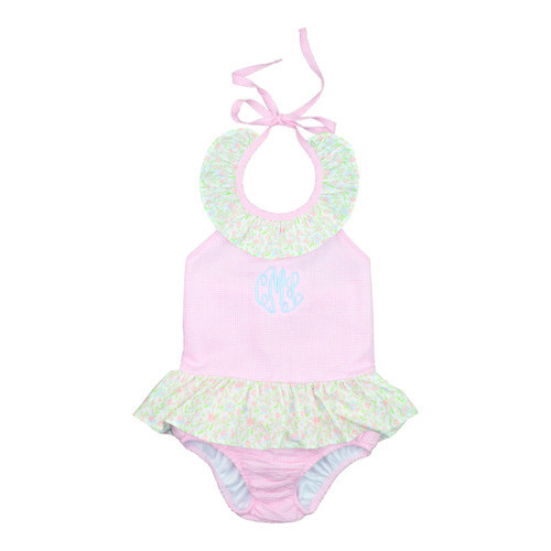 Pink Seersucker And Floral  Swimsuit | Cecil and Lou