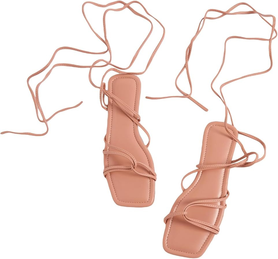 GORGLITTER Women's Lace Up Flat Sandals Criss Cross Tie Up Sandals Square Toe Strappy Sandals | Amazon (US)