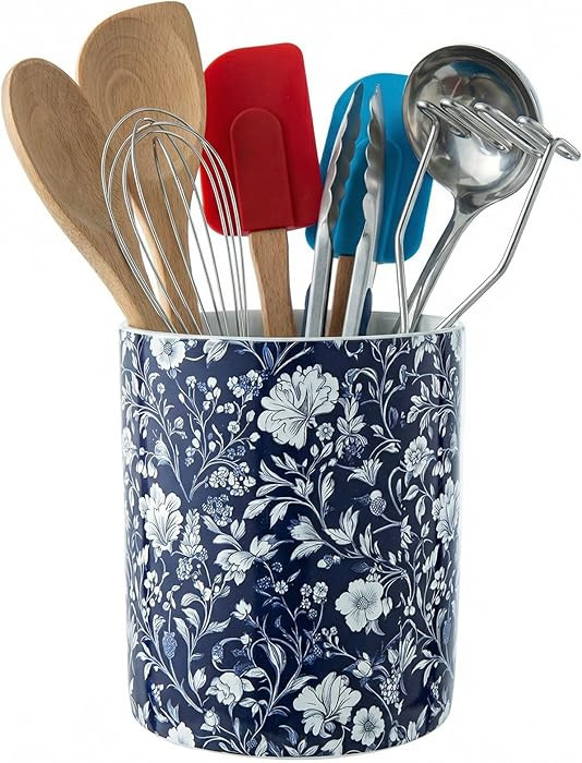MyGift Ceramic Kitchen Utensil Holder with Blue and White Floral Design \u2013 Decorative Crock f... | Amazon (US)