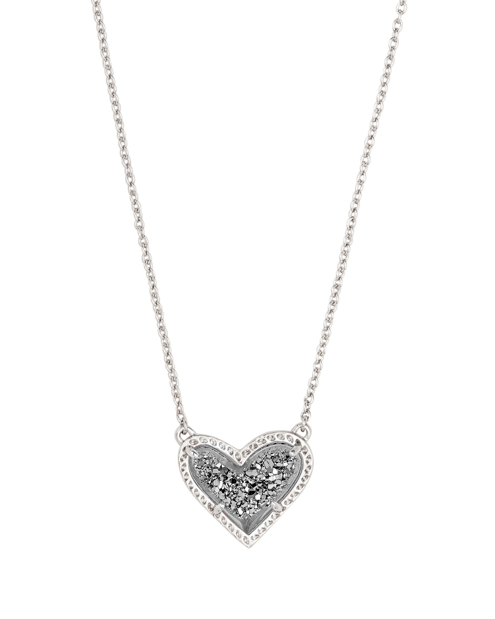 Kendra Scott Ari Heart Silver Pendant Necklace in Platinum Drusy | Drusy/Metal Rhodium | Kendra Scott