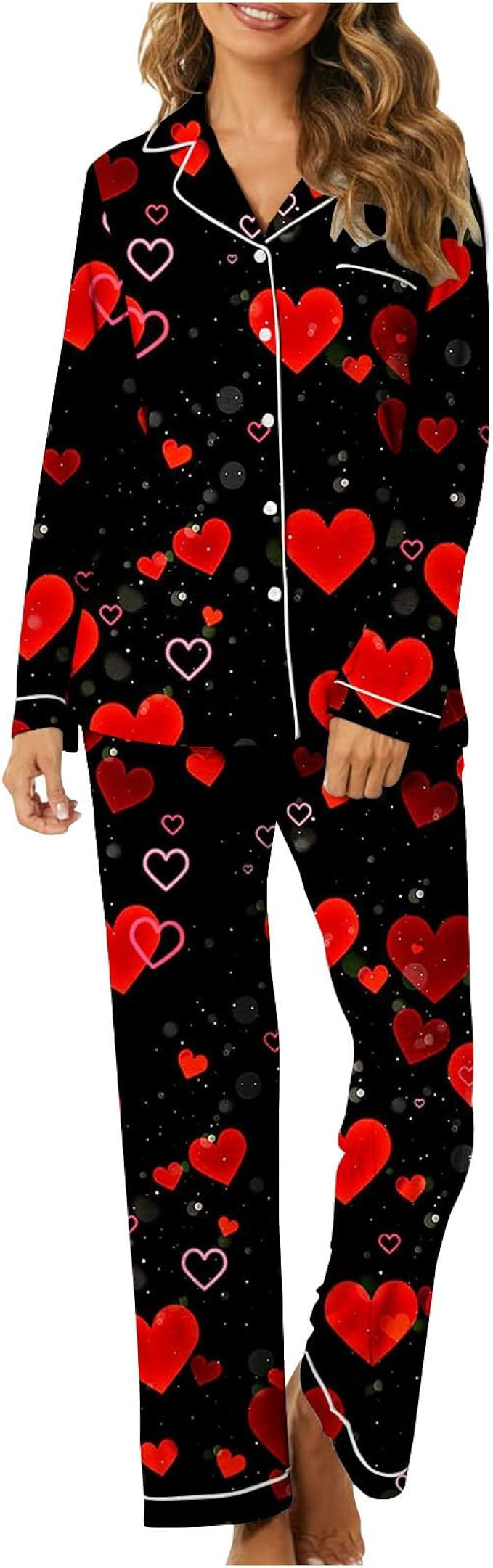 Pajama Sets for Women 2 Piece，Cute Love Heart Print Valentine Pajamas Women Button Long Sleeve ... | Amazon (US)