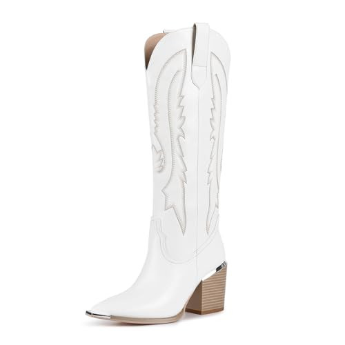 ISNOM White Womens Cowboy Boots, Fashion Metal Pointed Toe Tall Western Boots，Chunky Heel Knee High Boots Women | Amazon (US)