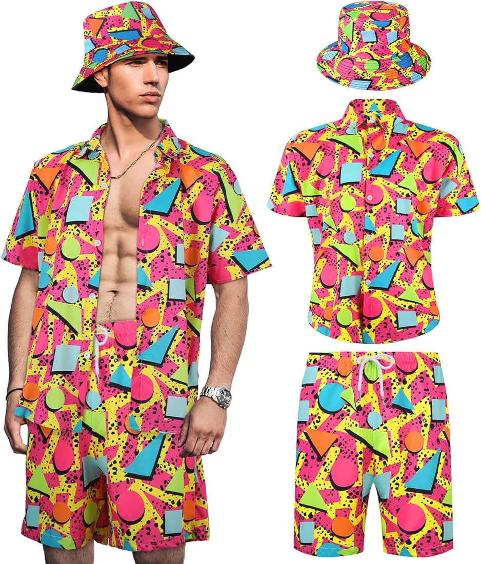 Men's 2 Pieces 80s 90s Outfit Retro Shirts and Shorts Set with Hat Hawaiian Beach Tracksuits for ... | Amazon (US)