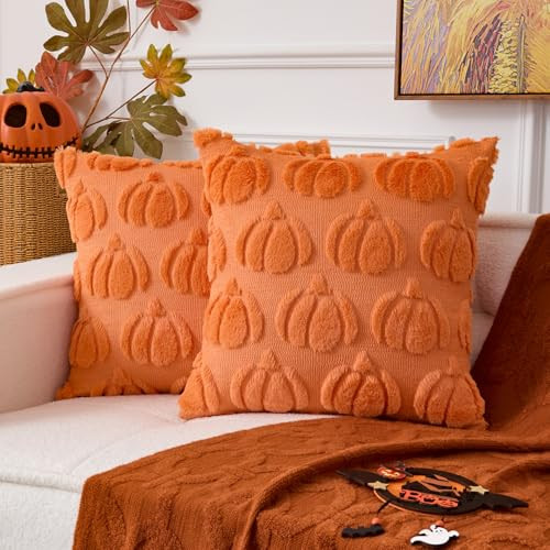 UGASA Fall Pumpkins Pillow Covers 18x18 Inch 2 Packs Soft Plush Faux Wool Fur Pillowcases Throw Pillows Autumn Halloween Home Decor for Couch Sofa Chair Bed, Orange | Amazon (US)
