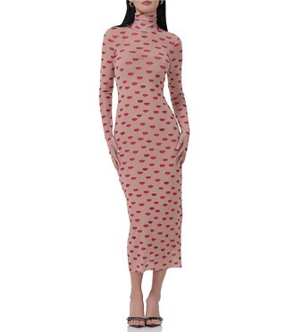 AFRM Shailene Mesh Novelty Kiss Print Turtleneck Long Sleeve Bodycon Midi Dress | Dillard's | Dillard's