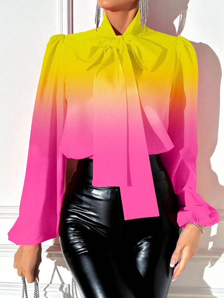 SHEIN BAE Ombre Tie Neck Lantern Sleeve Blouse | SHEIN