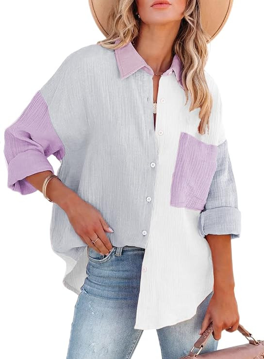 ONIRIKE Womens Long Sleeve Color Block Button Down Boyfriend Oversized Shirt Blouse Tops | Amazon (US)