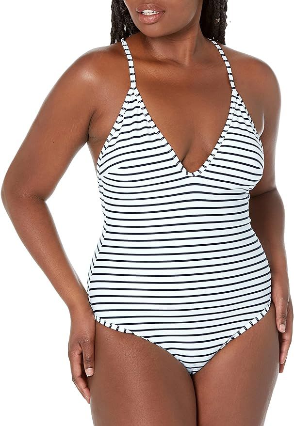 CUPSHE Women's One Piece Swimsuit Striped Scoop Neck Cross Back Beach Swimwear Bathing Suits | Amazon (US)