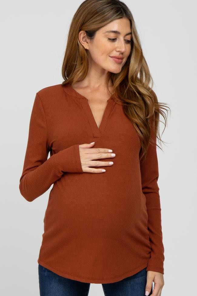 Rust Ribbed Split Collar Maternity Top | PinkBlush Maternity