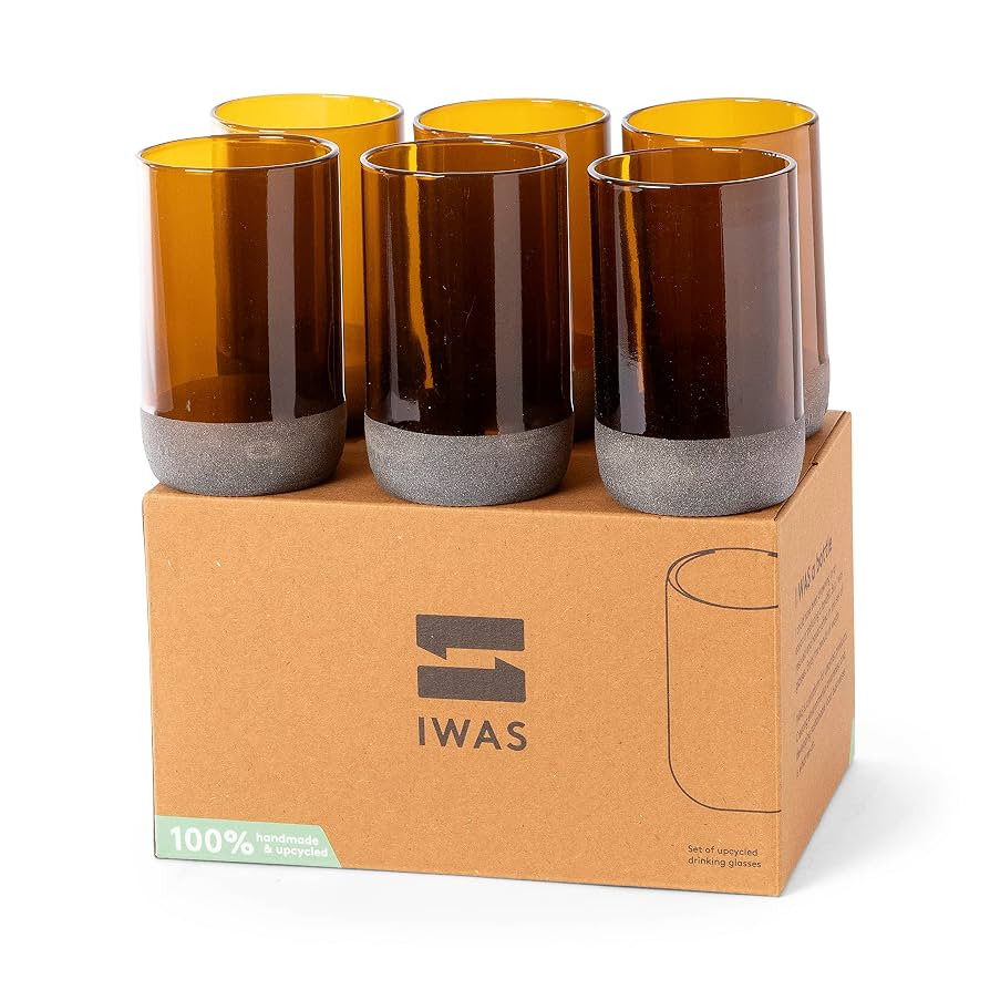 IWAS Upcycled Tall Auburn Drinking Glasses | 350 ML | 12 OZ | Set of 6 | Sustainable Water and Ju... | Amazon (US)