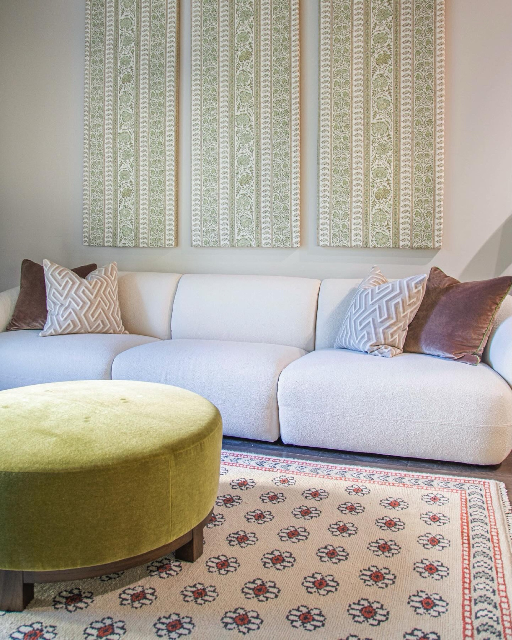 Indiennes paisley stripe fabric panels above the cream boucle sofa in my living room with a green mohair velvet ottoman, living room style, interior design, home decor tips, green decor 

#LTKStyleTip #LTKHome