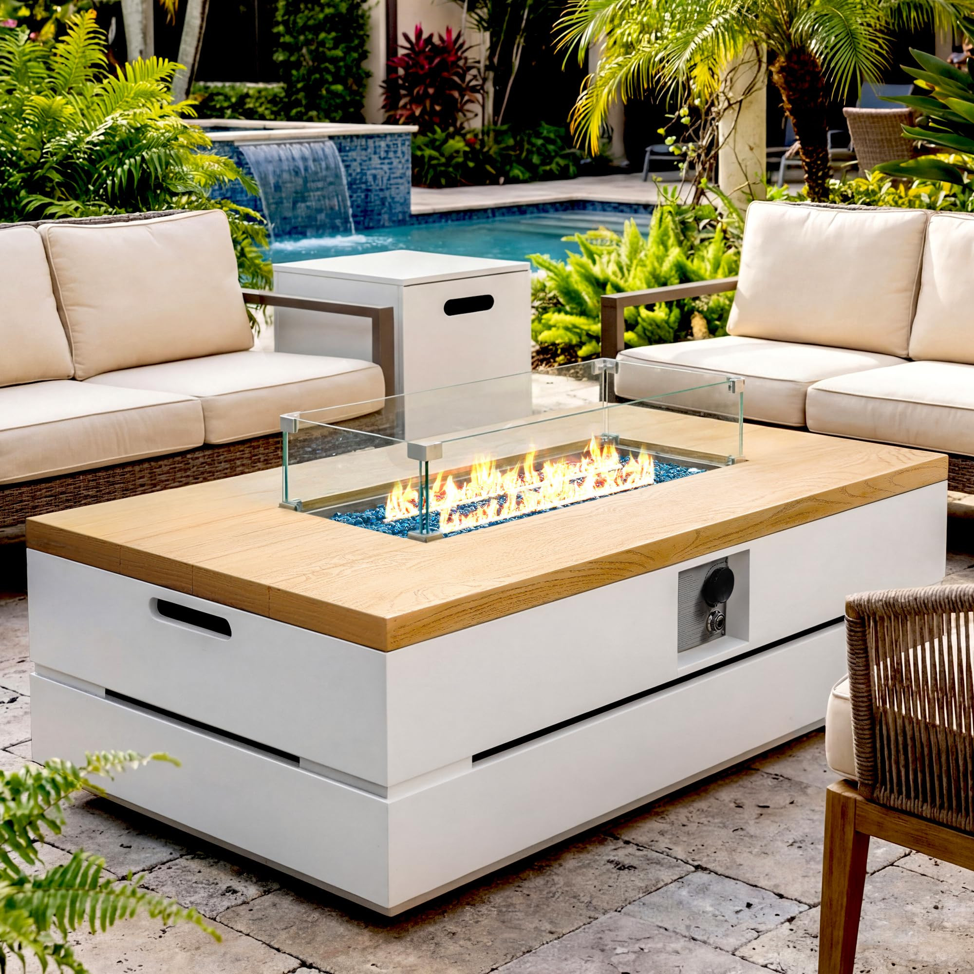UPHA 50-inch Outdoor Patio Propane Gas Fire Pit Table 50000 BTU Concrete Round Firepit with ABS Tank Hidden Table, Wind Guard, Blue Glass Rocks, Rain Cover, Pure White Natural Wood Finish | Amazon (US)