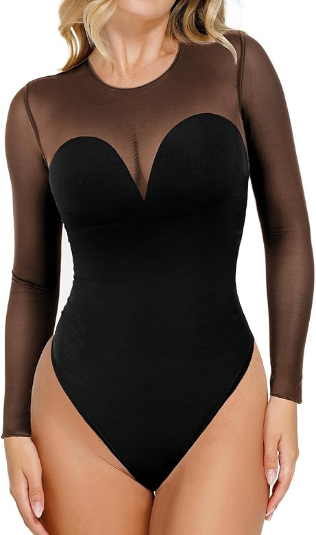 Popilush Long Sleeve Mesh Shapewear Bodysuit for Women Tummy Control Sheer Body Suits Womens Buil... | Amazon (US)