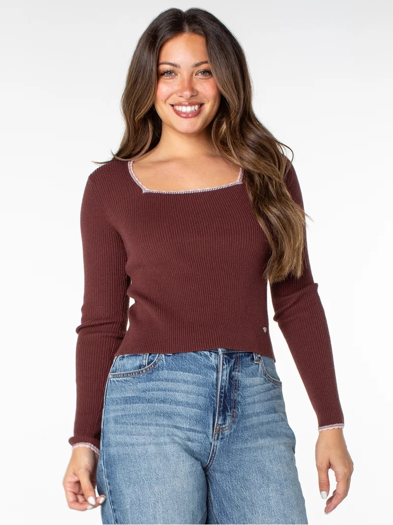 Celebrity Pink Women's Long Sleeve Square Neck Rib Top, Size XS-XXXL | Walmart (US)