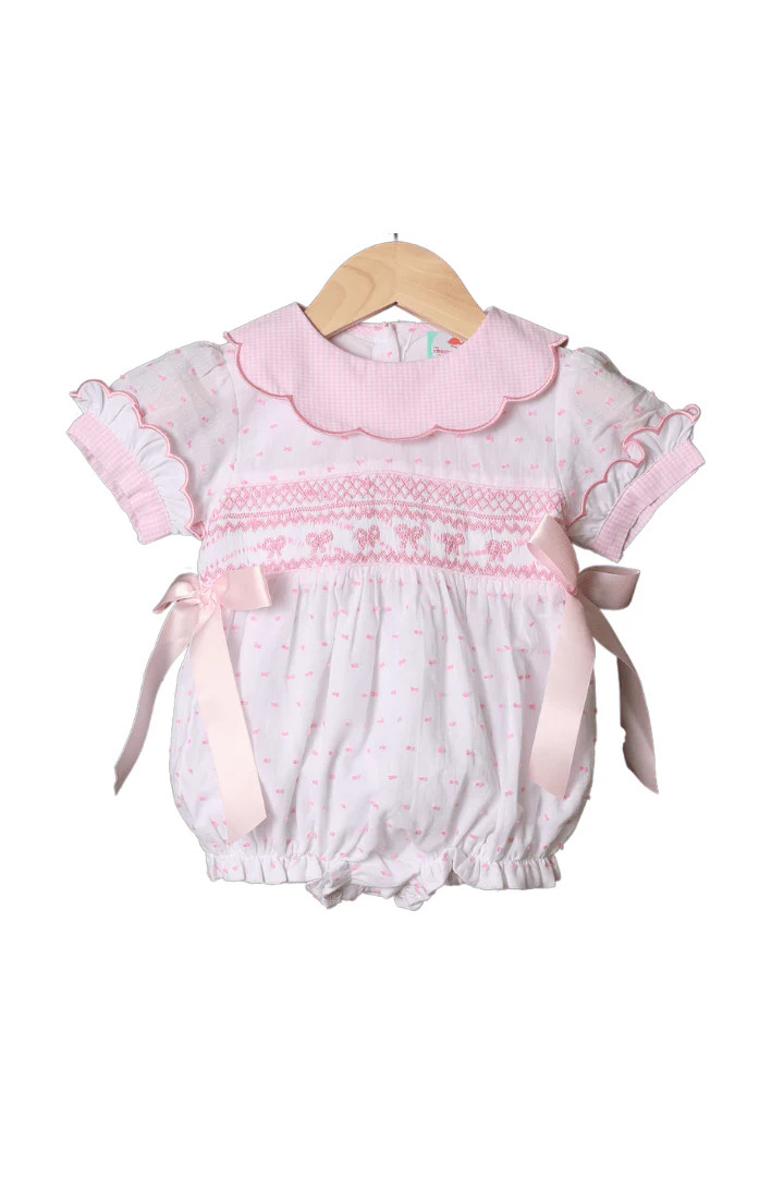 Smocked Heirloom White and Pink Swiss Dot Bow Bubble | The Smocked Flamingo