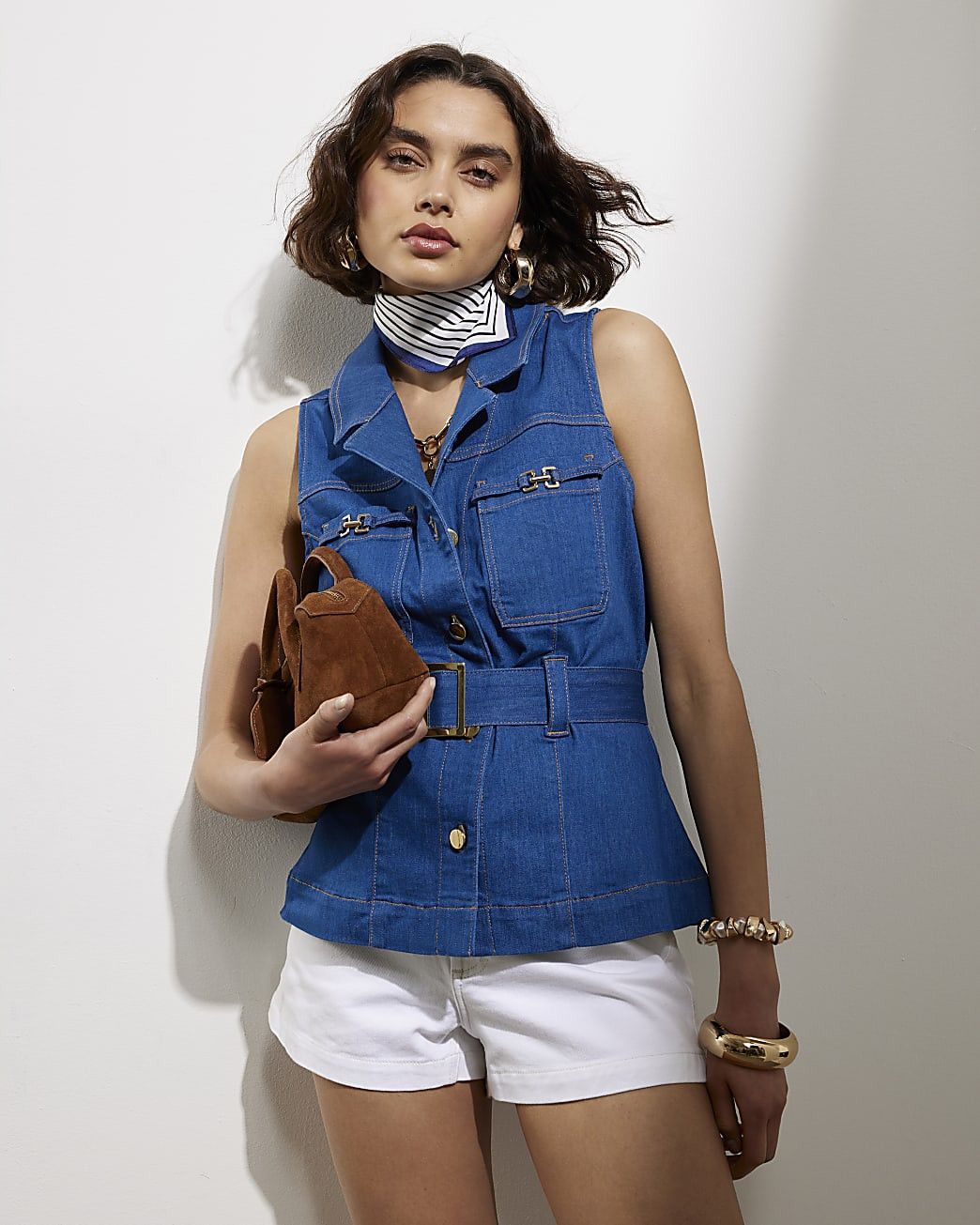 Blue Denim Sleeveless Pocket Belted Top | River Island UK & IE