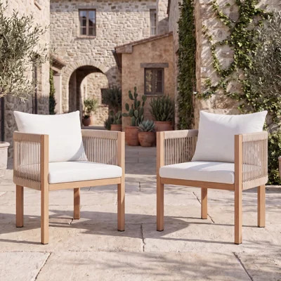 Woven Rope Patio Dining Armchairs Set of 2, Wood-Look Heat Transfer Iron Framed Outdoor Dining Chairs with Removable Cushion for Deck Porch Backyard | Wayfair North America