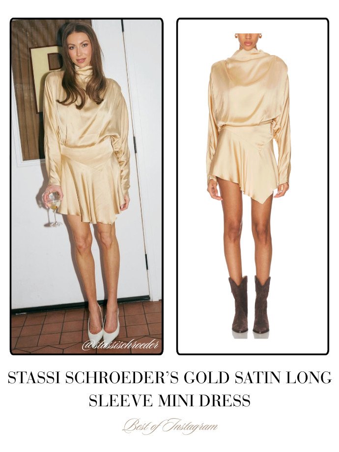 Stassi Schroeder's Gold Satin Long Sleeve Mini Dress 📸 + Info= @stassischroeder 

 
