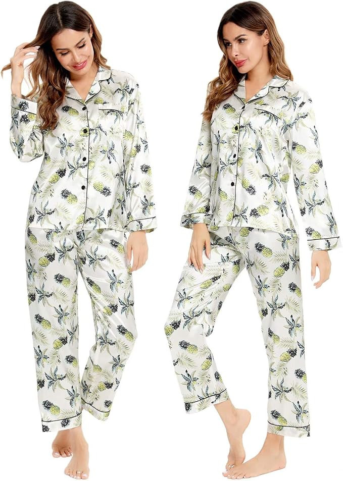 SWOMOG Womens Silk Satin Pajamas Loungewear Two-piece Sleepwear Button-Down Pj Set | Amazon (US)