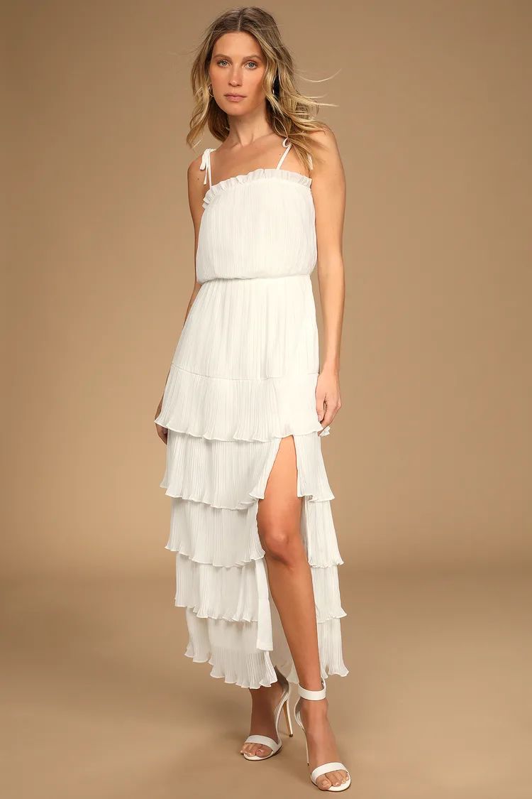Playing Cupid White Pleated Tiered Ruffled Tie-Strap Maxi Dress | Lulus (US)