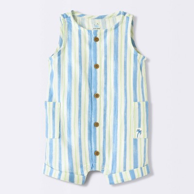 Baby Boys' Woven Striped Romper - Cloud Island™ Blue/Yellow 6-9M | Target