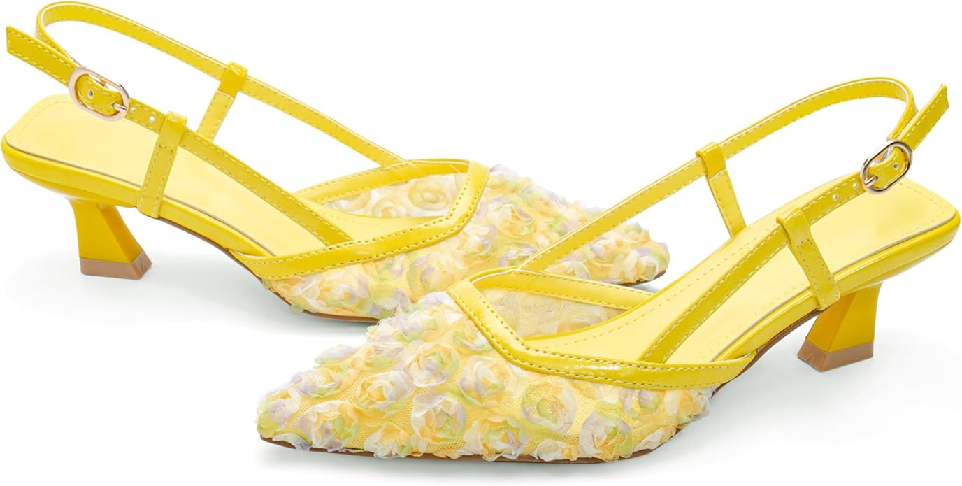 Close Toe Pump Shoes for Women Pointed Toe Slingback Flowers Floral Kitten Heels Sandals Dressy H... | Amazon (US)