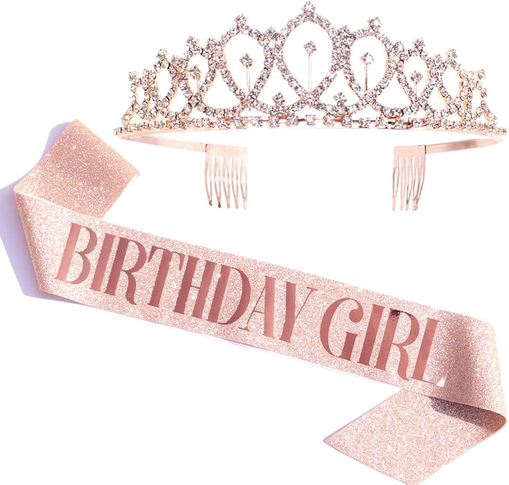 Birthday Girl Sash & Rhinestone Tiara Kit - Rose Gold Birthday Gifts Glitter Birthday Sash Birthd... | Amazon (US)