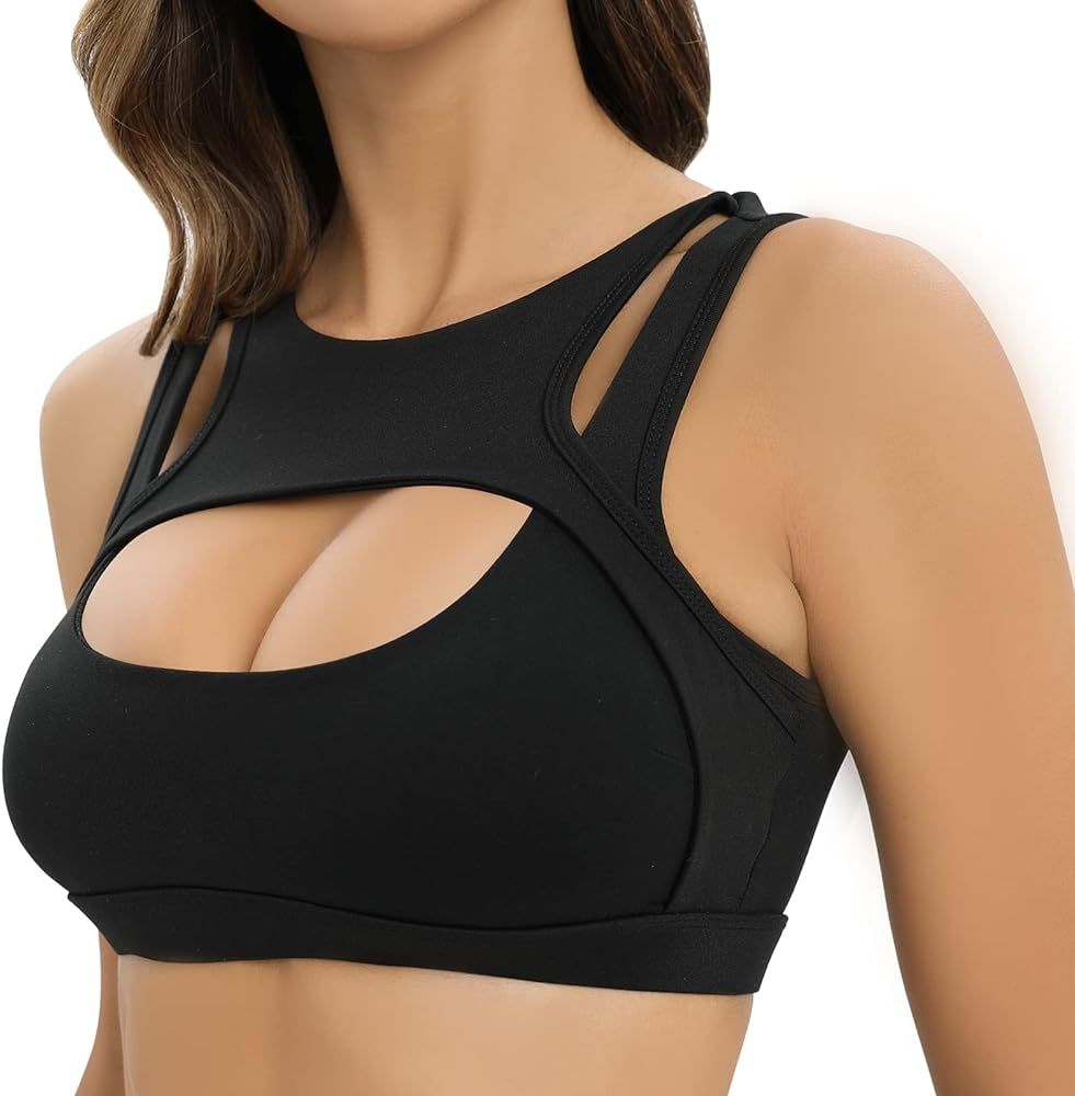 Push Up Sports Bra for Women Padded Sexy Hollow Yoga Bra Cut Out Workout Crop Top Medium Support | Amazon (US)