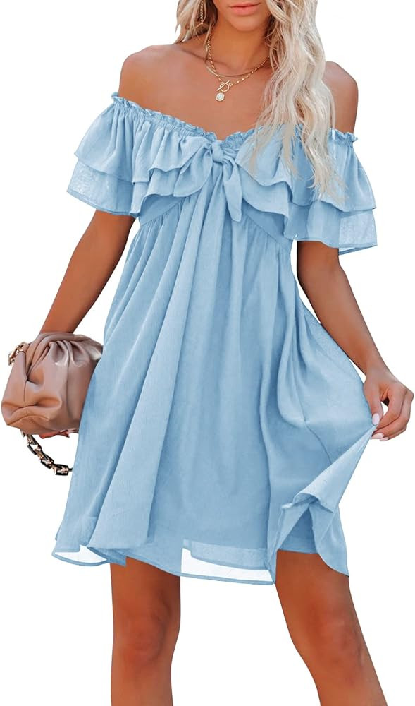 Womens Sexy Off Shoulder Dresses Casual Loose Party Beach Cocktail Double Ruffle Layer Chiffon Dress | Amazon (US)