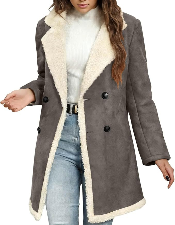 Womens Warm Winter Coat Lapel Collar Fleece Lined Suede Jackets Trendy Double Breasted Sherpa Coa... | Amazon (CA)