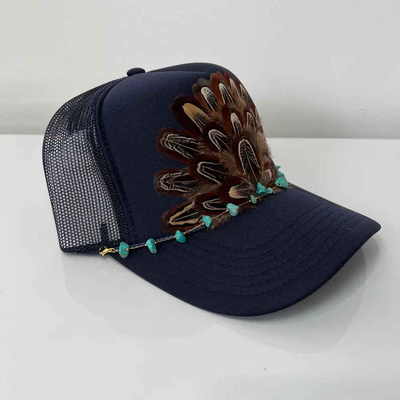 FEATHER Trucker Hat With Turquoise Beaded Hat Chain Cowgirl Western Trucker Hat Navy Blue - Etsy | Etsy (US)