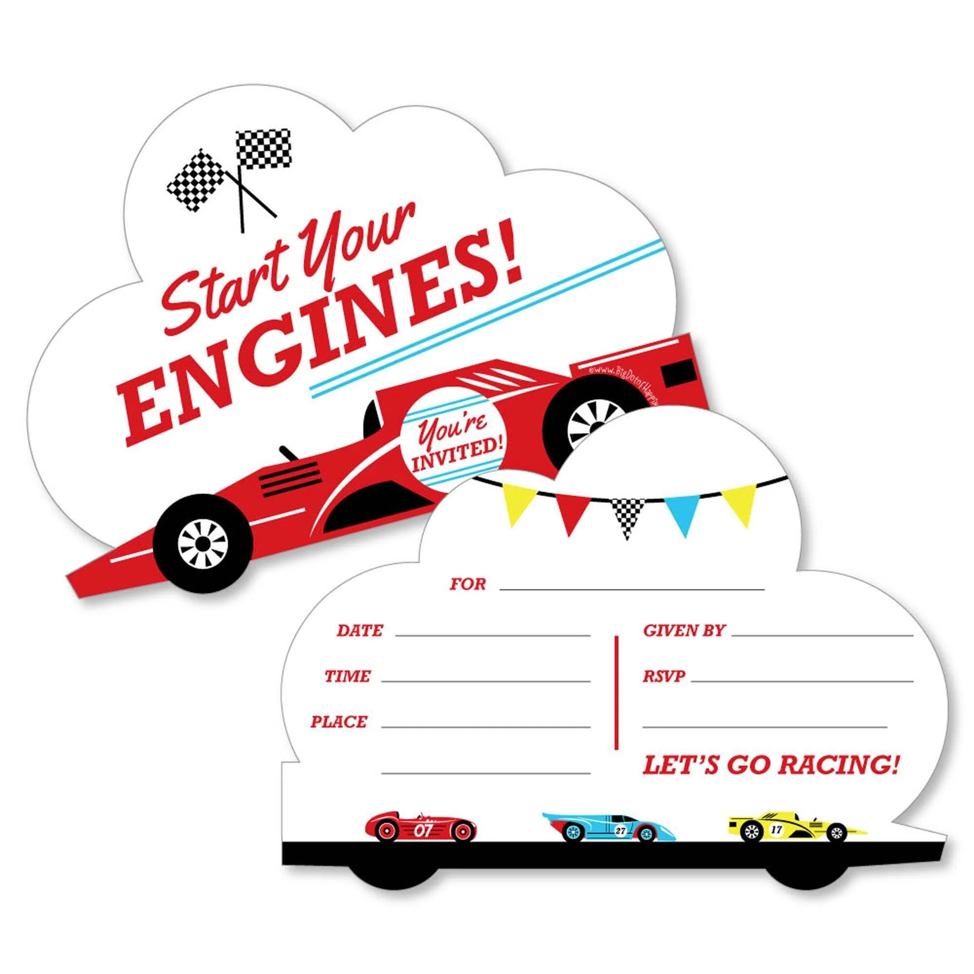 Let's Go Racing - Racecar - Shaped Fill-In Invitations - Race Car Birthday Party or Baby Shower I... | Big Dot of Happiness